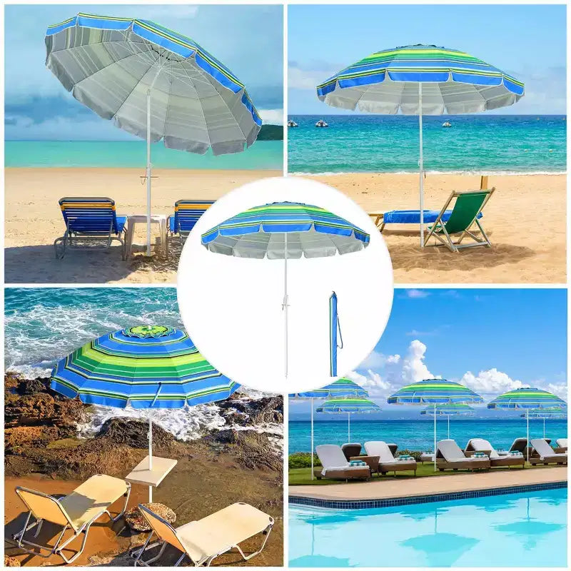 Yescom Parapluie d'extérieur rayé 2,1 m Protection UV Pare-soleil Inclinable Ancrage de sable Vert + Bleu