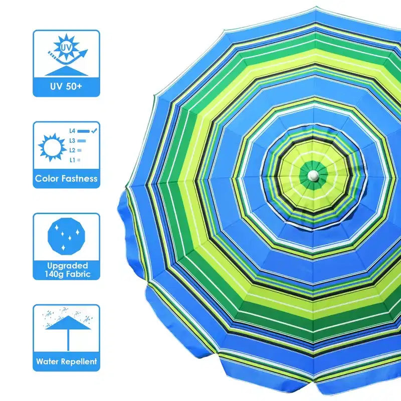 Yescom Parapluie d'extérieur rayé 2,1 m Protection UV Pare-soleil Inclinable Ancrage de sable Vert + Bleu