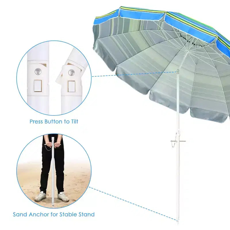 Yescom Parapluie d'extérieur rayé 2,1 m Protection UV Pare-soleil Inclinable Ancrage de sable Vert + Bleu