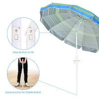 Yescom Parapluie d'extérieur rayé 2,1 m Protection UV Pare-soleil Inclinable Ancrage de sable Vert + Bleu