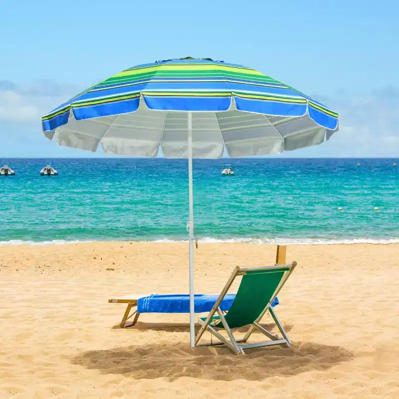 Yescom Parapluie d'extérieur rayé 2,1 m Protection UV Pare-soleil Inclinable Ancrage de sable Vert + Bleu