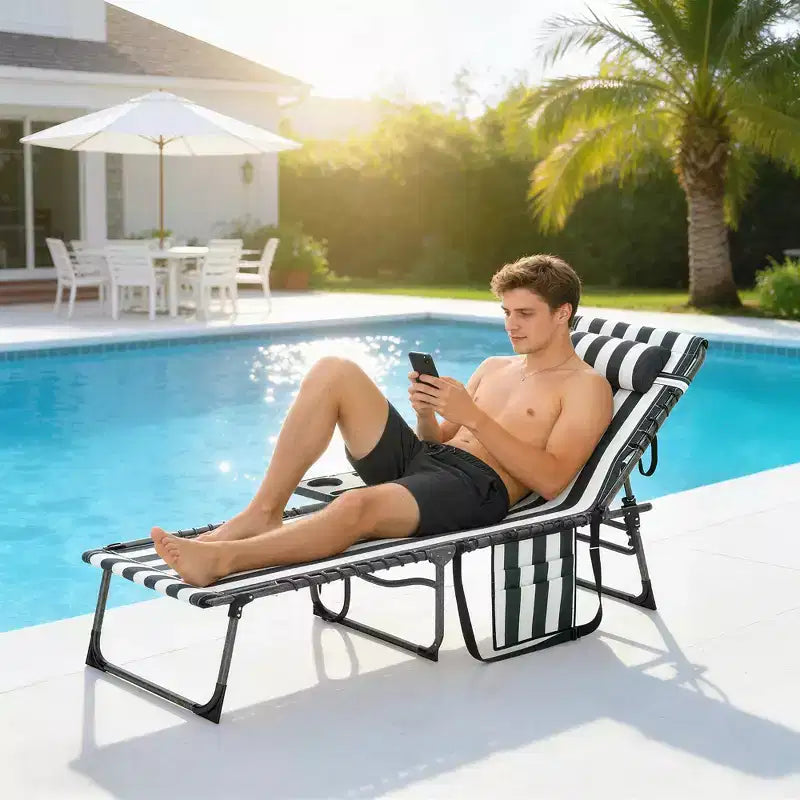Outsunny Chaise longue pliante de bronzage extérieure avec dossier réglable 5 niveaux, table latérale, oreiller, poche pour cour, plage, piscine