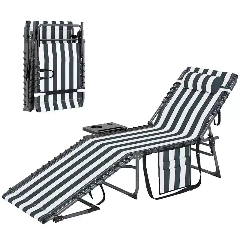 Outsunny Chaise longue pliante de bronzage extérieure avec dossier réglable 5 niveaux, table latérale, oreiller, poche pour cour, plage, piscine