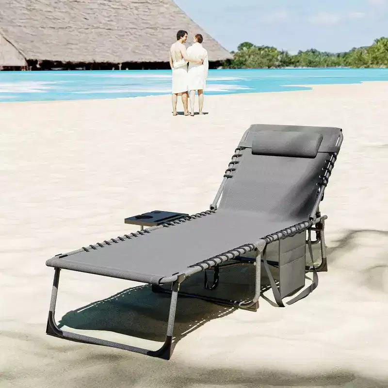 Outsunny Chaise longue pliante de bronzage extérieure avec dossier réglable 5 niveaux, table latérale, oreiller, poche pour cour, plage, piscine