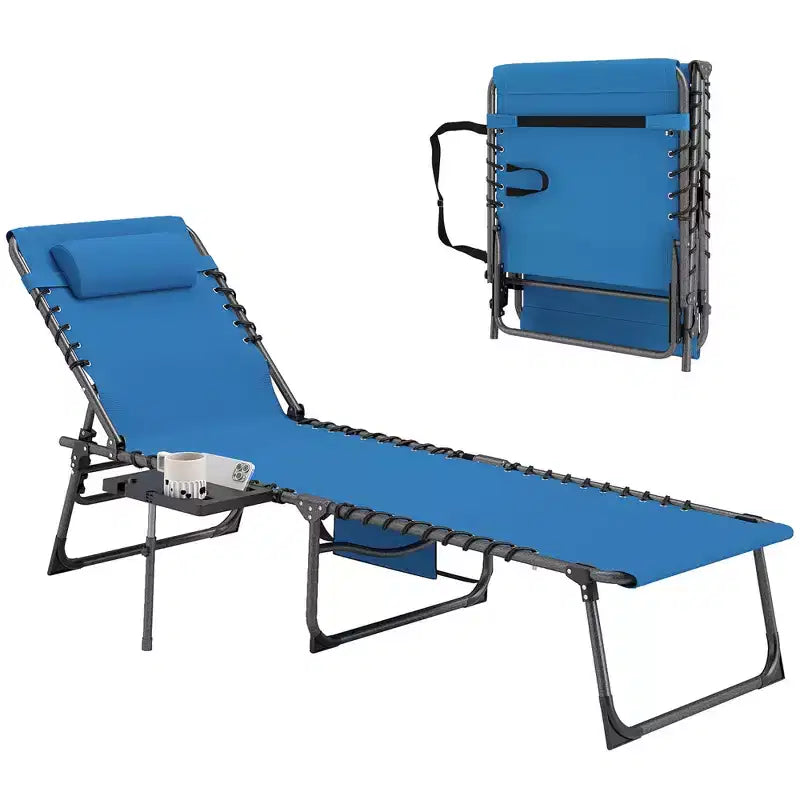 Outsunny Chaise longue pliante de bronzage extérieure avec dossier réglable 5 niveaux, table latérale, oreiller, poche pour cour, plage, piscine