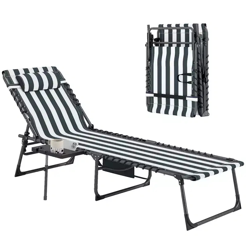 Outsunny Chaise longue pliante de bronzage extérieure avec dossier réglable 5 niveaux, table latérale, oreiller, poche pour cour, plage, piscine
