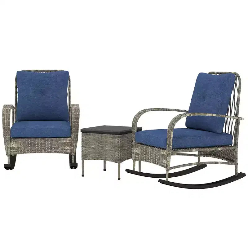 Outsunny Ensemble de mobilier de patio 3 pièces - Chaises à bascule en résine tressée avec table basse, coussins, ensemble bistro d'extérieur pour porche, jardin
