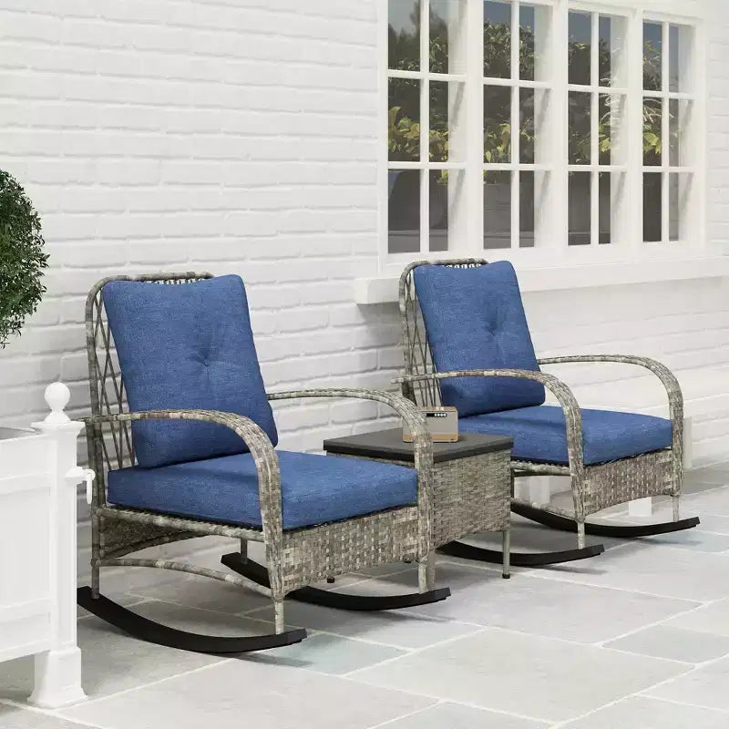 Outsunny Ensemble de mobilier de patio 3 pièces - Chaises à bascule en résine tressée avec table basse, coussins, ensemble bistro d'extérieur pour porche, jardin
