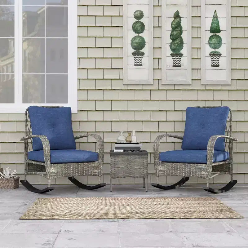 Outsunny Ensemble de mobilier de patio 3 pièces - Chaises à bascule en résine tressée avec table basse, coussins, ensemble bistro d'extérieur pour porche, jardin