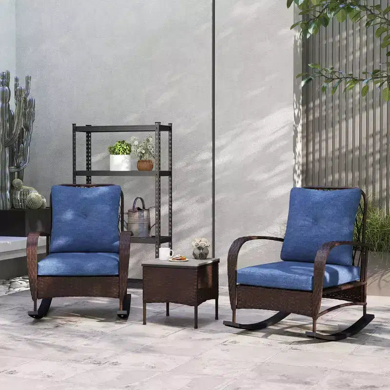 Outsunny Ensemble de mobilier de patio 3 pièces - Chaises à bascule en résine tressée avec table basse, coussins, ensemble bistro d'extérieur pour porche, jardin