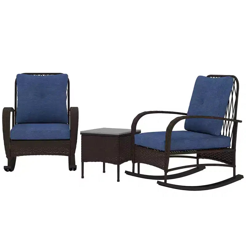 Outsunny Ensemble de mobilier de patio 3 pièces - Chaises à bascule en résine tressée avec table basse, coussins, ensemble bistro d'extérieur pour porche, jardin