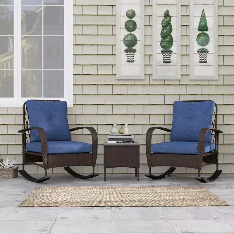 Outsunny Ensemble de mobilier de patio 3 pièces - Chaises à bascule en résine tressée avec table basse, coussins, ensemble bistro d'extérieur pour porche, jardin