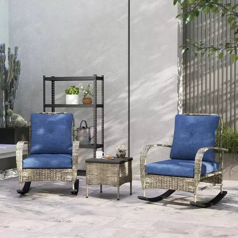 Outsunny Ensemble de mobilier de patio 3 pièces - Chaises à bascule en résine tressée avec table basse, coussins, ensemble bistro d'extérieur pour porche, jardin