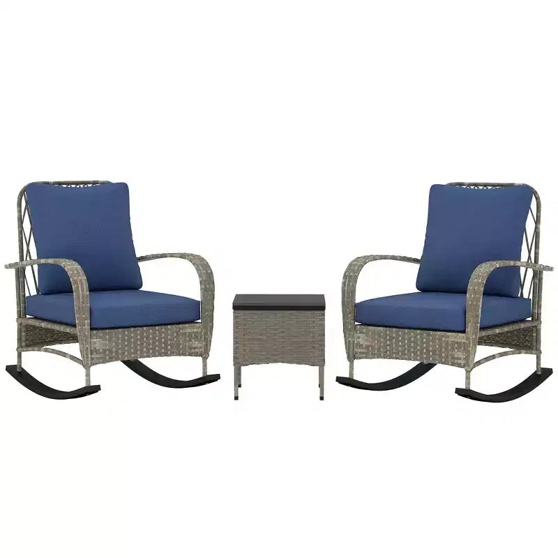 Outsunny Ensemble de mobilier de patio 3 pièces - Chaises à bascule en résine tressée avec table basse, coussins, ensemble bistro d'extérieur pour porche, jardin