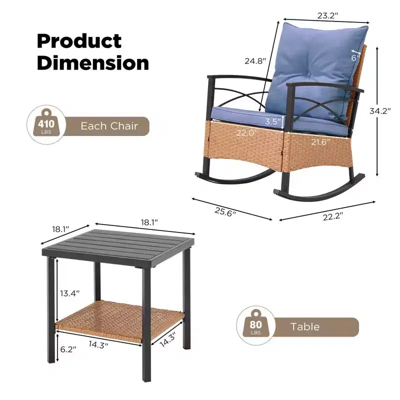 EROMMY Ensemble bistro 3 pièces, chaises à bascule d'extérieur en résine tressée PE avec coussins et table basse, ensemble de chaises à bascule de terrasse pour porche et arrière-cour