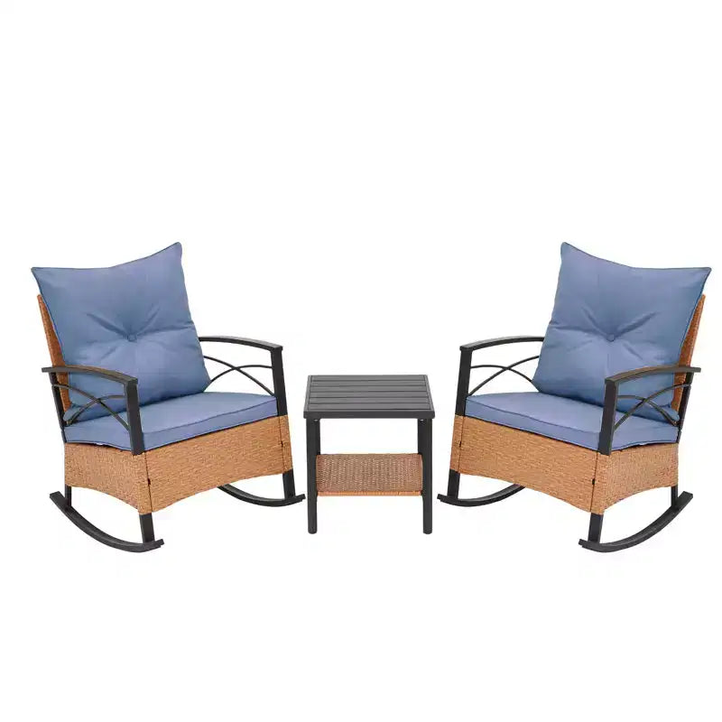 EROMMY Ensemble bistro 3 pièces, chaises à bascule d'extérieur en résine tressée PE avec coussins et table basse, ensemble de chaises à bascule de terrasse pour porche et arrière-cour