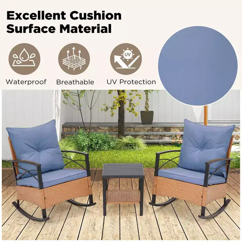 EROMMY Ensemble bistro 3 pièces, chaises à bascule d'extérieur en résine tressée PE avec coussins et table basse, ensemble de chaises à bascule de terrasse pour porche et arrière-cour