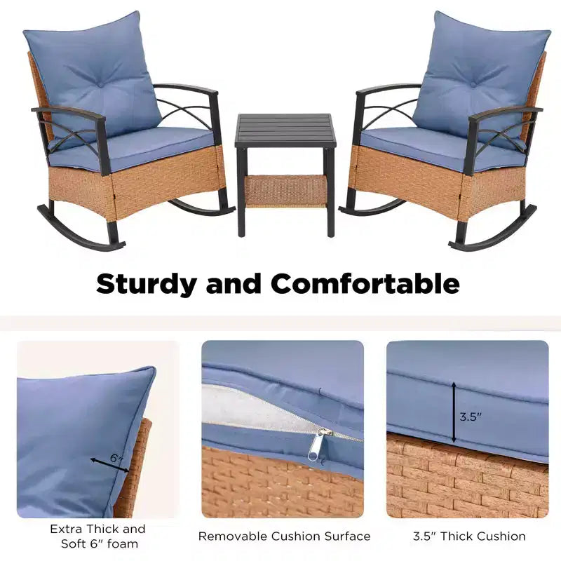 EROMMY Ensemble bistro 3 pièces, chaises à bascule d'extérieur en résine tressée PE avec coussins et table basse, ensemble de chaises à bascule de terrasse pour porche et arrière-cour