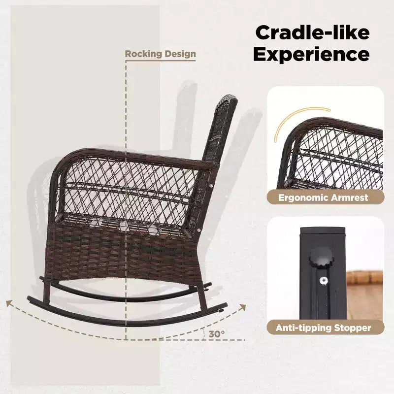 EROMMY Ensemble bistro 3 pièces, chaises à bascule d'extérieur en résine tressée PE avec coussins et table basse, ensemble de chaises à bascule de terrasse pour porche et arrière-cour