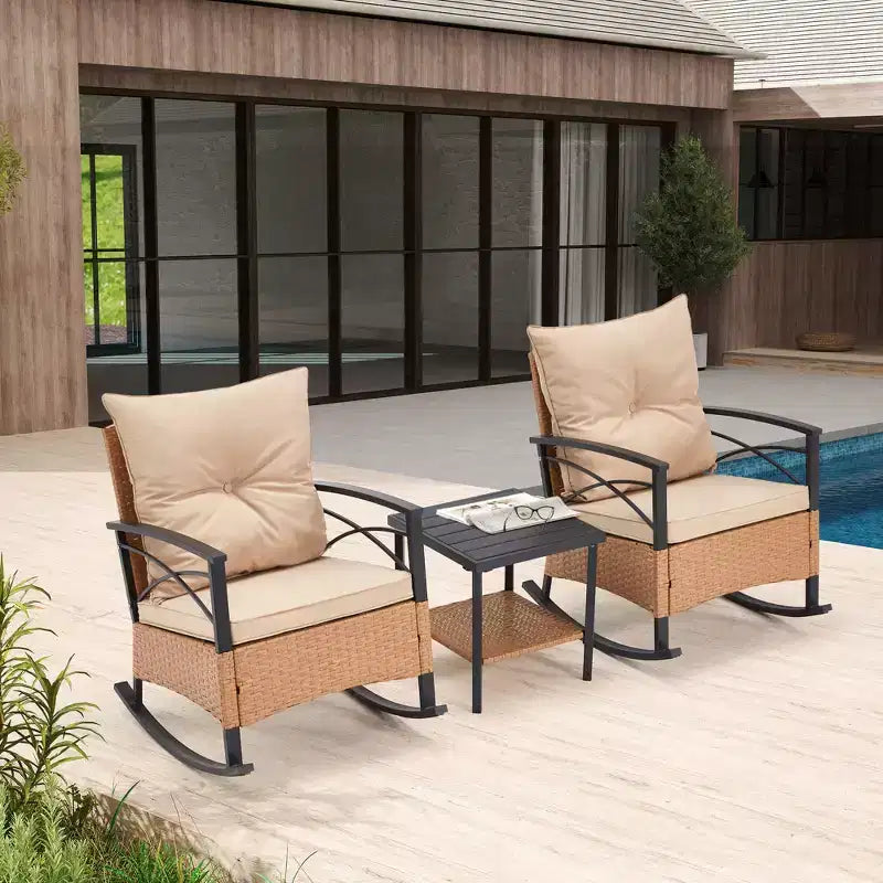 EROMMY Ensemble bistro 3 pièces, chaises à bascule d'extérieur en résine tressée PE avec coussins et table basse, ensemble de chaises à bascule de terrasse pour porche et arrière-cour
