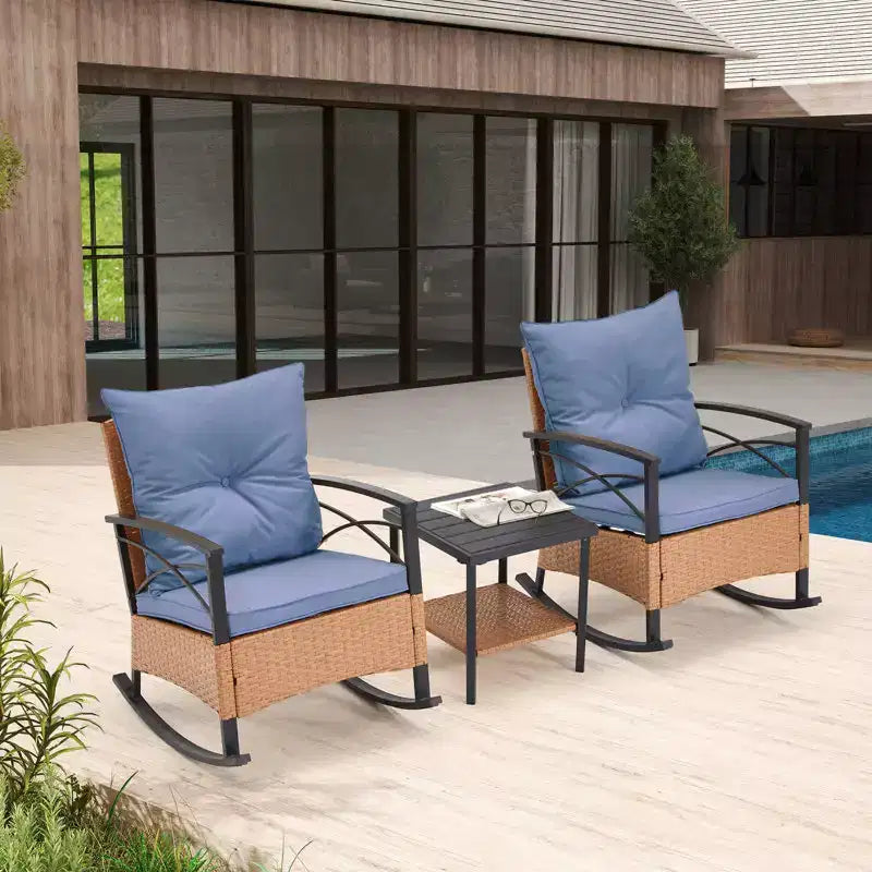 EROMMY Ensemble bistro 3 pièces, chaises à bascule d'extérieur en résine tressée PE avec coussins et table basse, ensemble de chaises à bascule de terrasse pour porche et arrière-cour