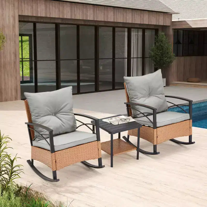 EROMMY Ensemble bistro 3 pièces, chaises à bascule d'extérieur en résine tressée PE avec coussins et table basse, ensemble de chaises à bascule de terrasse pour porche et arrière-cour