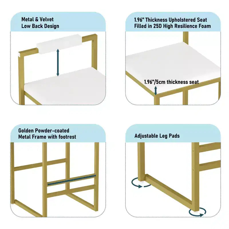Tabourets de bar rembourrés en velours MAYEERTY, lot de 2, chaises de salle à manger d'intérieur modernes hauteur comptoir, or blanc crème