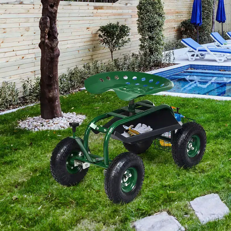 Chariot de Jardin Costway Chariot de Terrasse Siège Roulant avec Plateau à Outils Panier de Plantation Bleu/Rouge/Vert