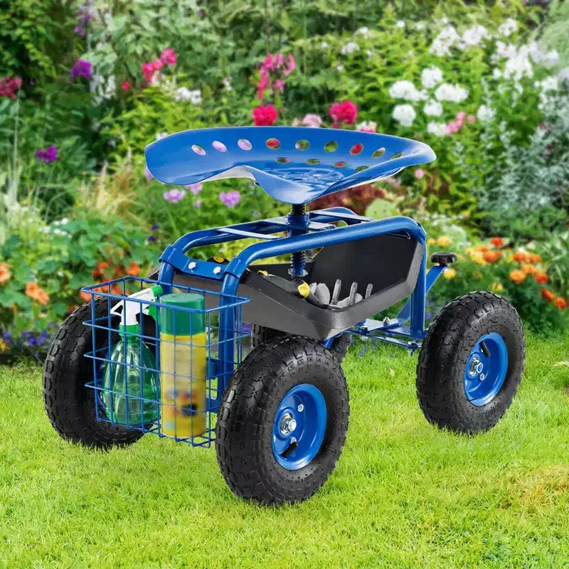 Chariot de Jardin Costway Chariot de Terrasse Siège Roulant avec Plateau à Outils Panier de Plantation Bleu/Rouge/Vert