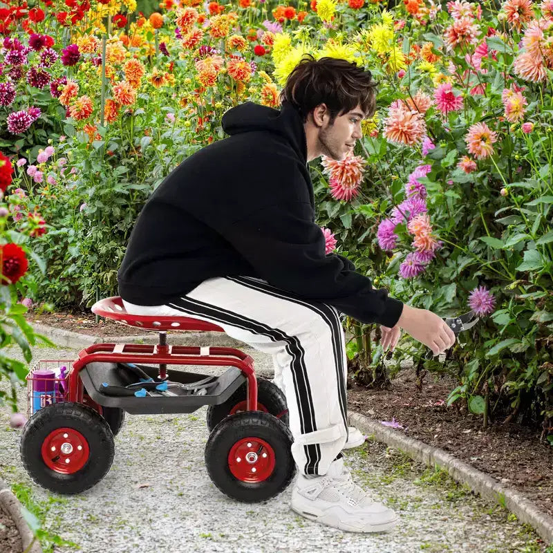 Chariot de Jardin Costway Chariot de Terrasse Siège Roulant avec Plateau à Outils Panier de Plantation Bleu/Rouge/Vert