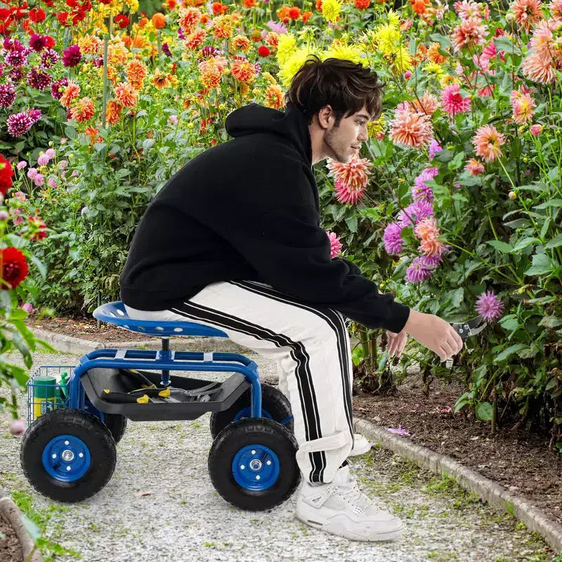 Chariot de Jardin Costway Chariot de Terrasse Siège Roulant avec Plateau à Outils Panier de Plantation Bleu/Rouge/Vert