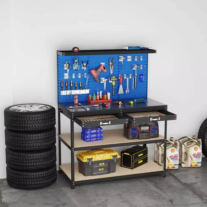 Établi Costway 48 x 24 robuste avec 3 pièces panneau perforé, tiroir et étagères, bleu marine/noir