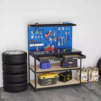 Établi Costway 48 x 24 robuste avec 3 pièces panneau perforé, tiroir et étagères, bleu marine/noir