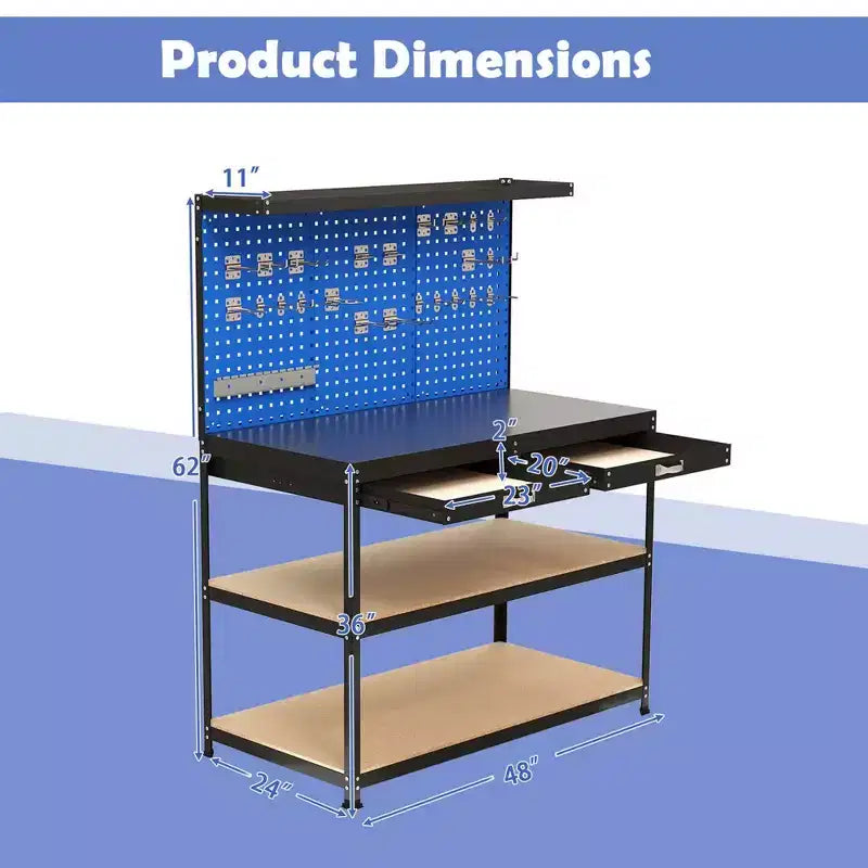 Établi Costway 48 x 24 robuste avec 3 pièces panneau perforé, tiroir et étagères, bleu marine/noir