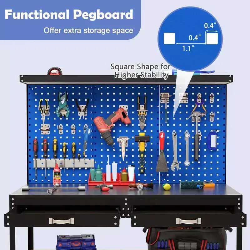 Établi Costway 48 x 24 robuste avec 3 pièces panneau perforé, tiroir et étagères, bleu marine/noir