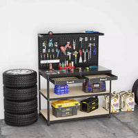 Établi Costway 48 x 24 robuste avec 3 pièces panneau perforé, tiroir et étagères, bleu marine/noir