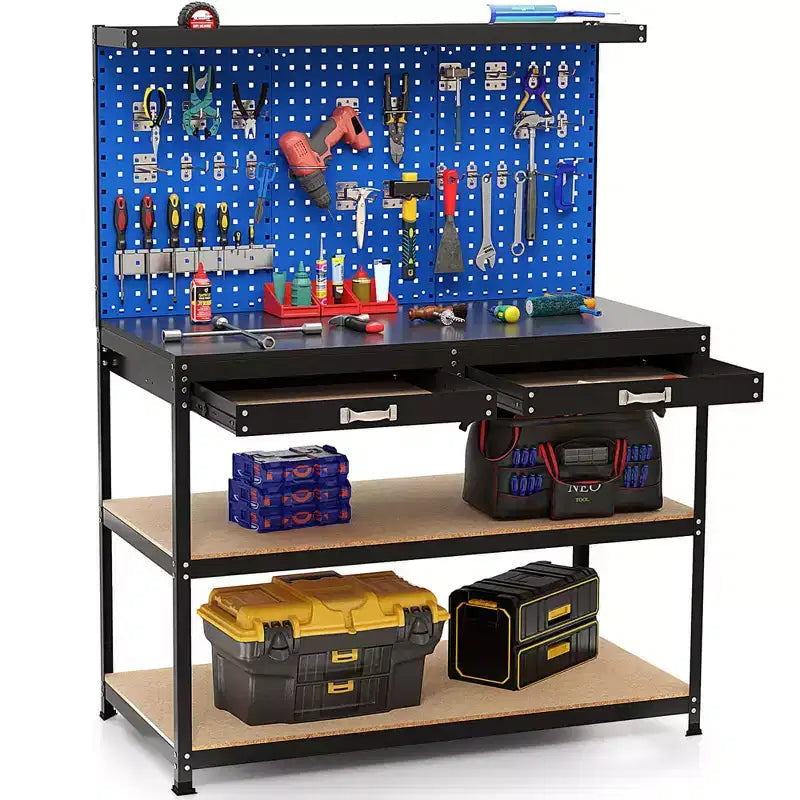 Établi Costway 48 x 24 robuste avec 3 pièces panneau perforé, tiroir et étagères, bleu marine/noir