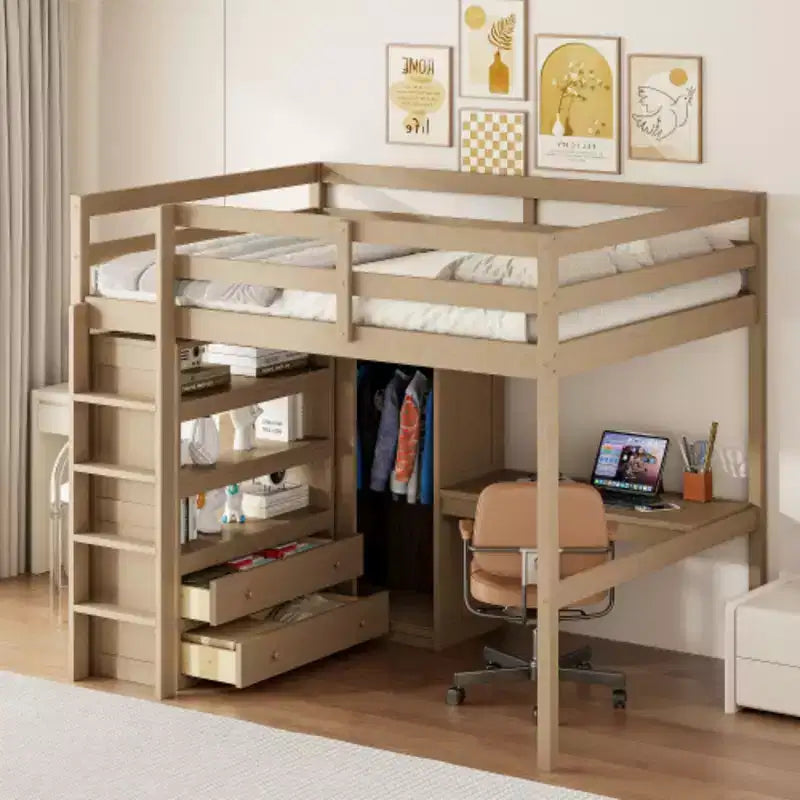 Lit mezzanine en bois taille Full avec penderie intégrée, bureau, étagères de rangement et tiroirs, noyer