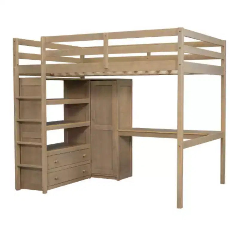 Lit mezzanine en bois taille Full avec penderie intégrée, bureau, étagères de rangement et tiroirs, noyer