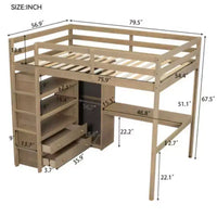 Lit mezzanine en bois taille Full avec penderie intégrée, bureau, étagères de rangement et tiroirs, noyer