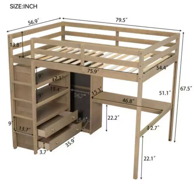 Lit mezzanine en bois taille Full avec penderie intégrée, bureau, étagères de rangement et tiroirs, noyer