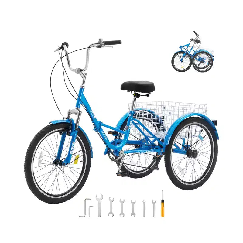 VEVOR Tricycle pliant adulte, Tricycle pliant adulte 24 pouces 7 vitesses, Vélo à 3 roues en acier au carbone avec panier et siège réglable
