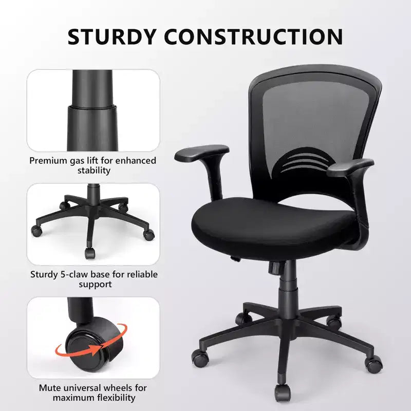 Chaise de bureau ergonomique en maille, capacité 330 lb, chaise d'ordinateur avec soutien lombaire intégré, assise en mousse haute densité, base à cinq branches