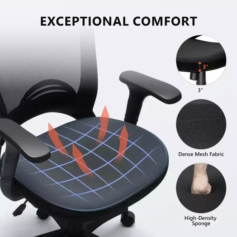 Chaise de bureau ergonomique en maille, capacité 330 lb, chaise d'ordinateur avec soutien lombaire intégré, assise en mousse haute densité, base à cinq branches