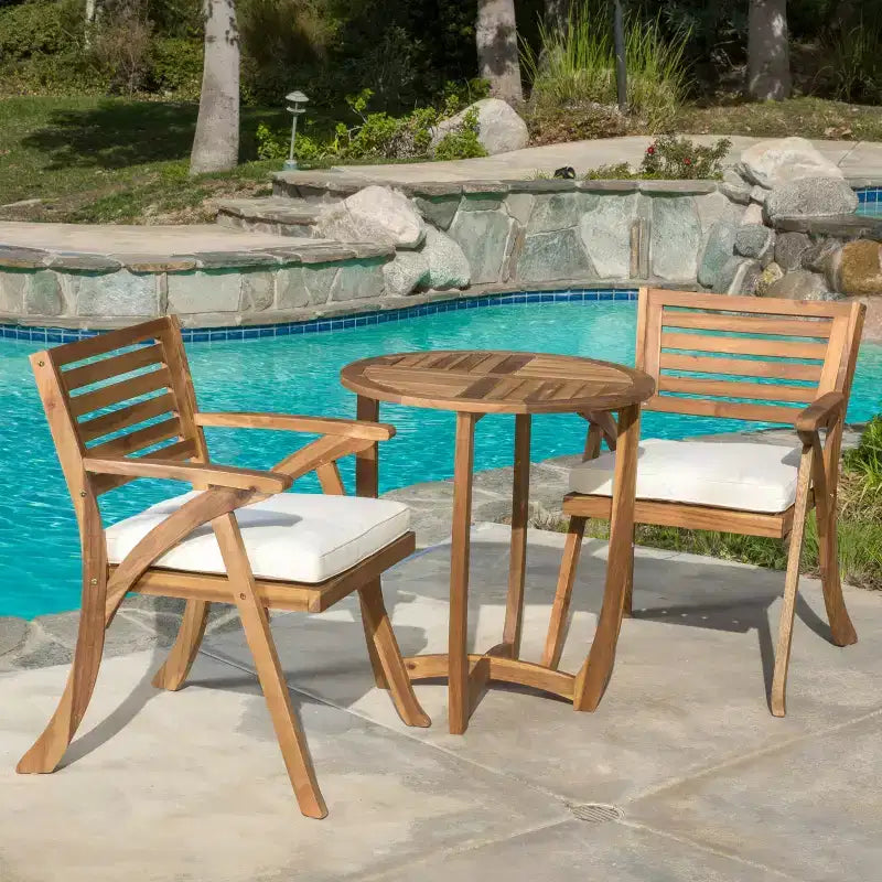 GDFStudio Baia Ensemble bistro d'extérieur 3 pièces en bois d'acacia avec coussin