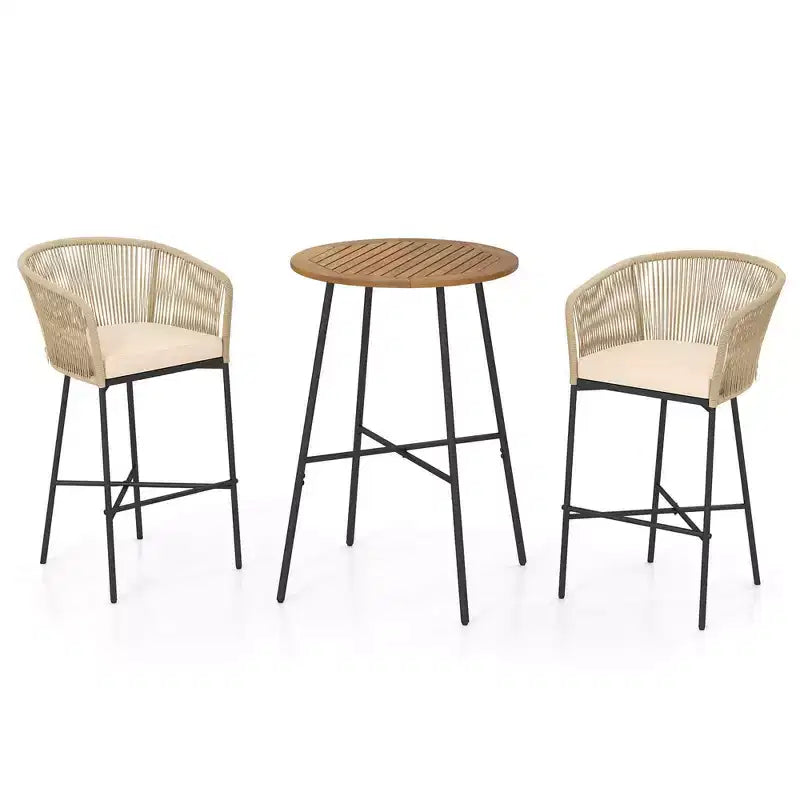 Costway Ensemble de Bar de Jardin 3 Pièces en Corde Tressée avec Coussins Moelleux et Plateau de Table en Bois d'Acacia