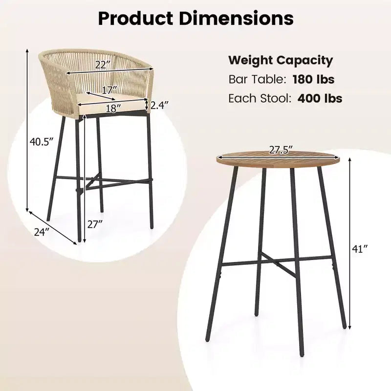 Costway Ensemble de Bar de Jardin 3 Pièces en Corde Tressée avec Coussins Moelleux et Plateau de Table en Bois d'Acacia