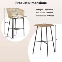 Costway Ensemble de Bar de Jardin 3 Pièces en Corde Tressée avec Coussins Moelleux et Plateau de Table en Bois d'Acacia