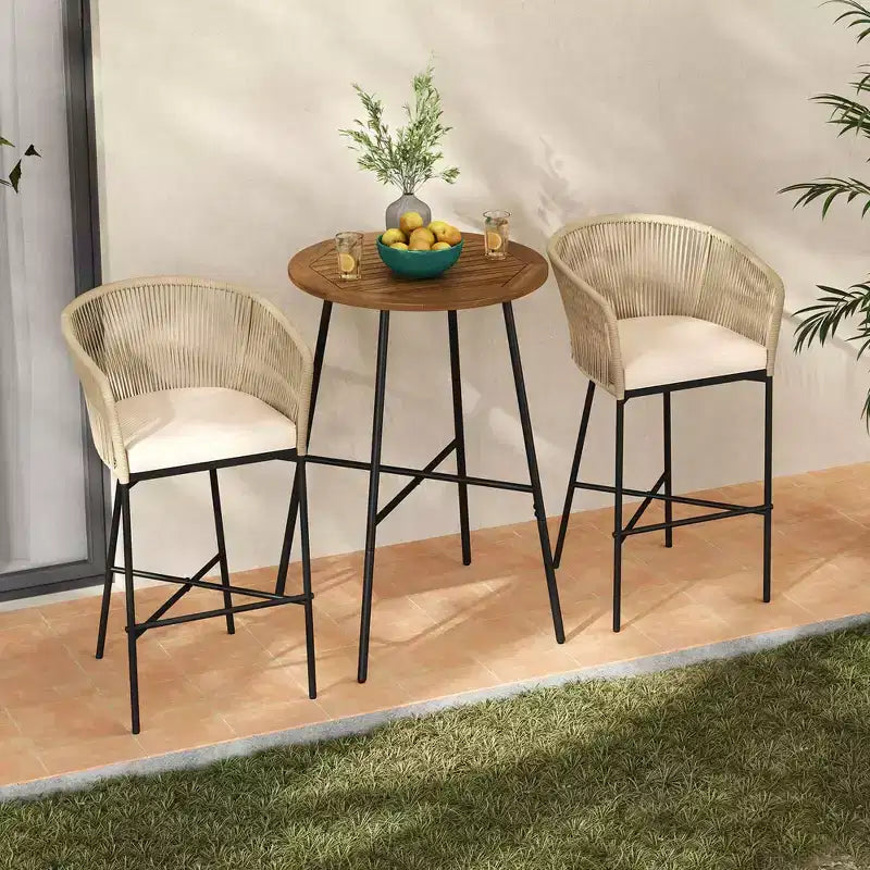 Costway Ensemble de Bar de Jardin 3 Pièces en Corde Tressée avec Coussins Moelleux et Plateau de Table en Bois d'Acacia