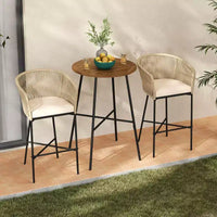 Costway Ensemble de Bar de Jardin 3 Pièces en Corde Tressée avec Coussins Moelleux et Plateau de Table en Bois d'Acacia